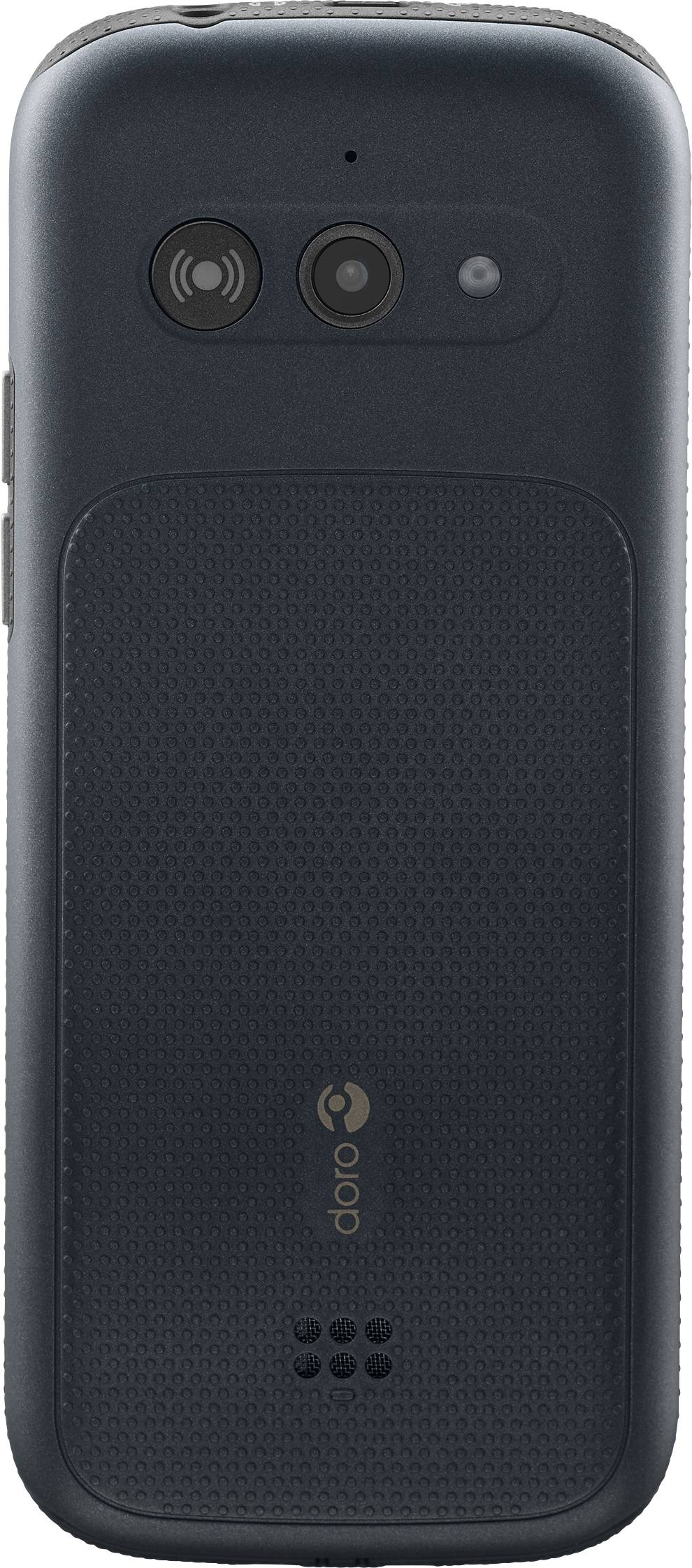 Ein schwarzes Mobiltelefon, Rückansicht. Zwei Kameraöffnungen und ein Blitz oben, Lautsprechergitter unten, Markenlogo in der Mitte.