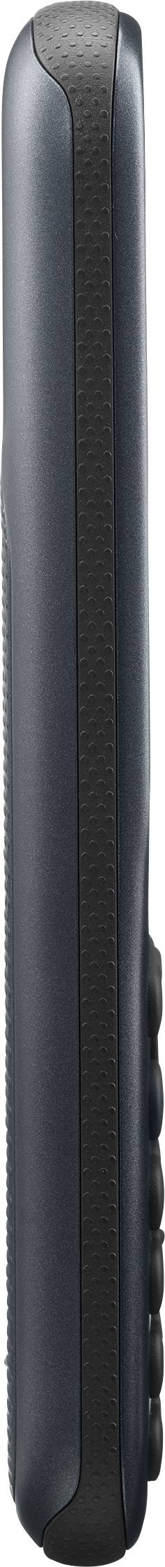 Handy in Schwarz mit seitlichen Tasten, seitliche Ansicht.