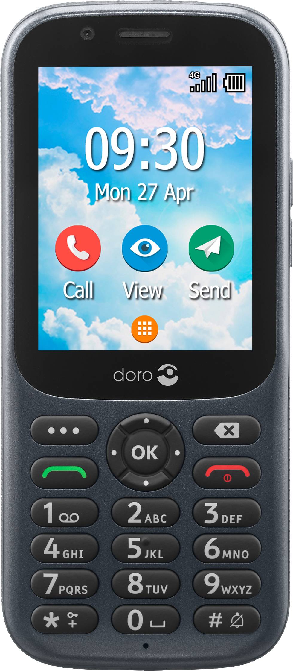 Ein Mobiltelefon mit Tasten und einem Display, das Uhrzeit und Datum (09:30, Mon 27 Apr) anzeigt. Drei Icons: 'Call', 'View', 'Send'.