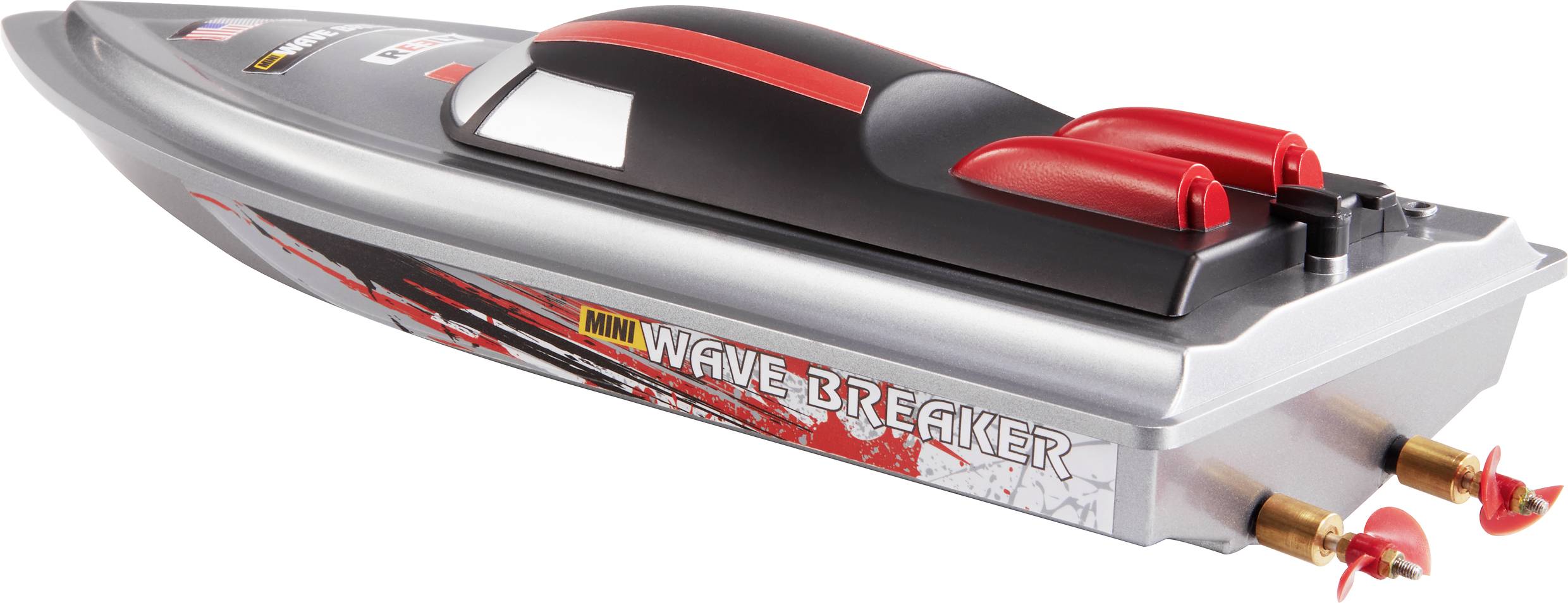 Ein ferngesteuertes Spielzeugboot namens 'Mini Wave Breaker' mit grau-rotem Design und roten Propellern am Heck.