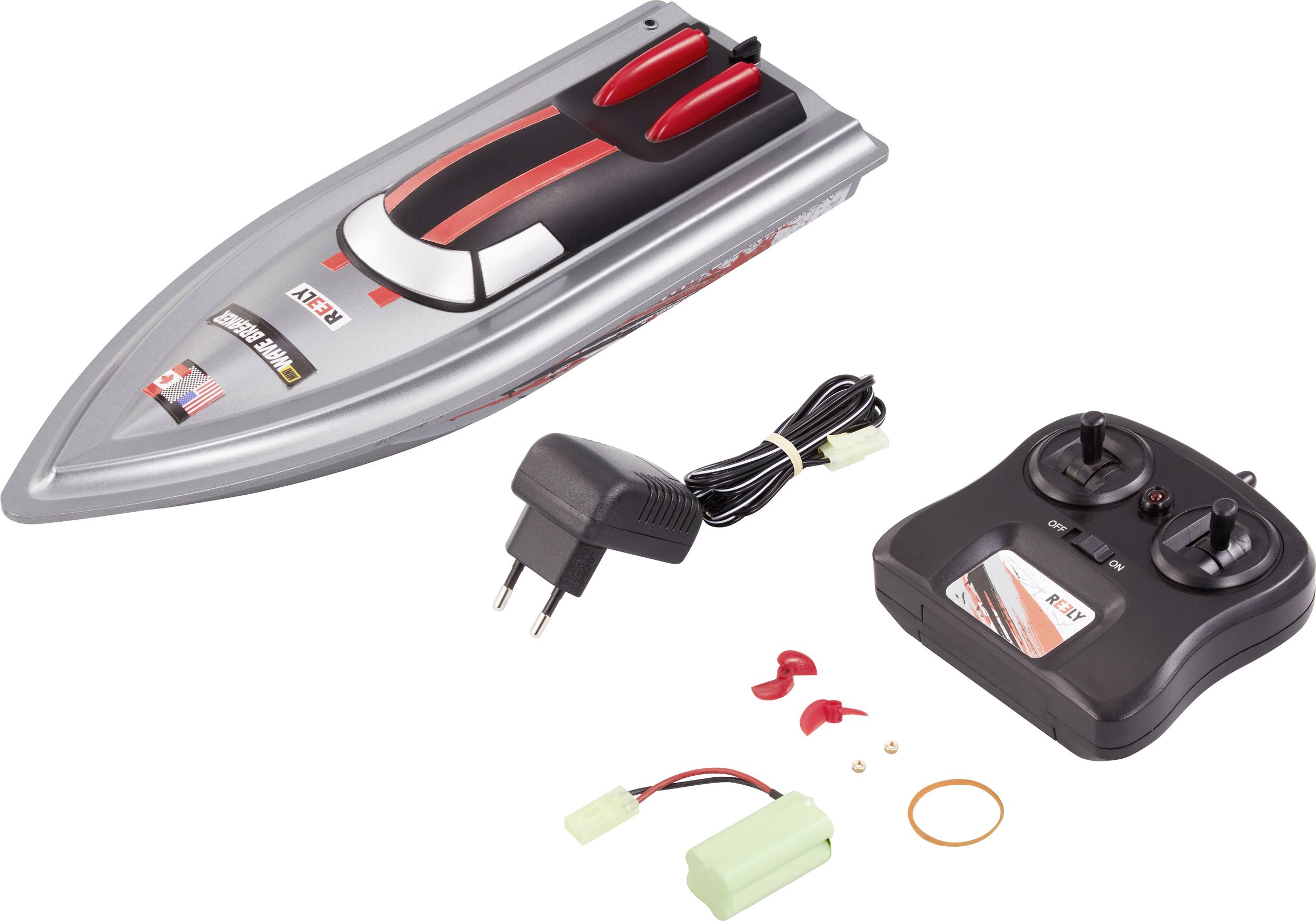 Spielzeug-Schnellboot-Set mit Fernsteuerung, Ladegerät, Batterie und Ersatzteilen. Hauptfarben sind Grau und Rot.