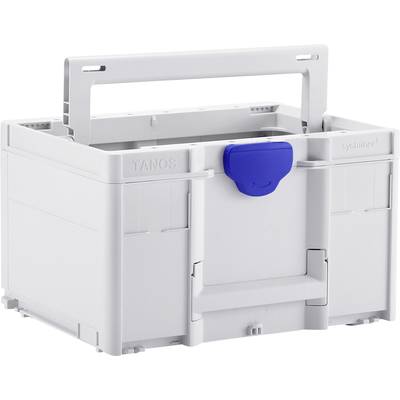 Graue Kunststoff-Aufbewahrungsbox mit blauem Verschluss und Tragegriff. Ideal zum Transport und zur Lagerung von Werkzeugen und Kleinteilen.