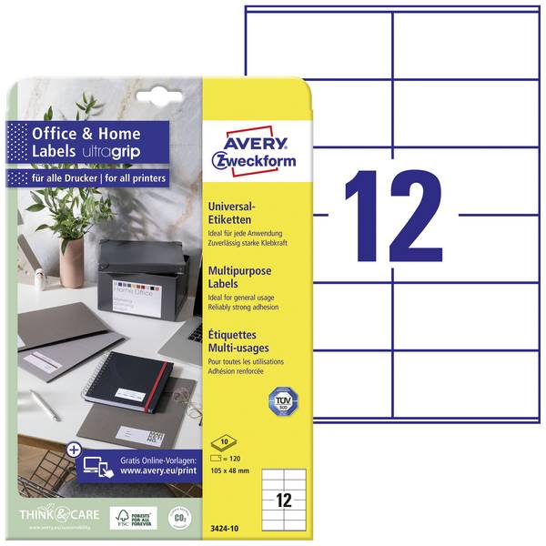 Avery-Zweckform 3424-10 Universal-Etiketten 105 x 48 mm Papier Weiß 120 St. Permanent haftend Farblaserdrucker, Laserdrucker