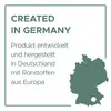 'Created in Germany. Produkt entwickelt und hergestellt in Deutschland mit Rohstoffen aus Europa.' Karte von Deutschland.