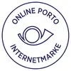 Das Bild zeigt das Logo der Deutschen Post mit den Worten 'Online Porto Internetmarke' in einem kreisförmigen Design.