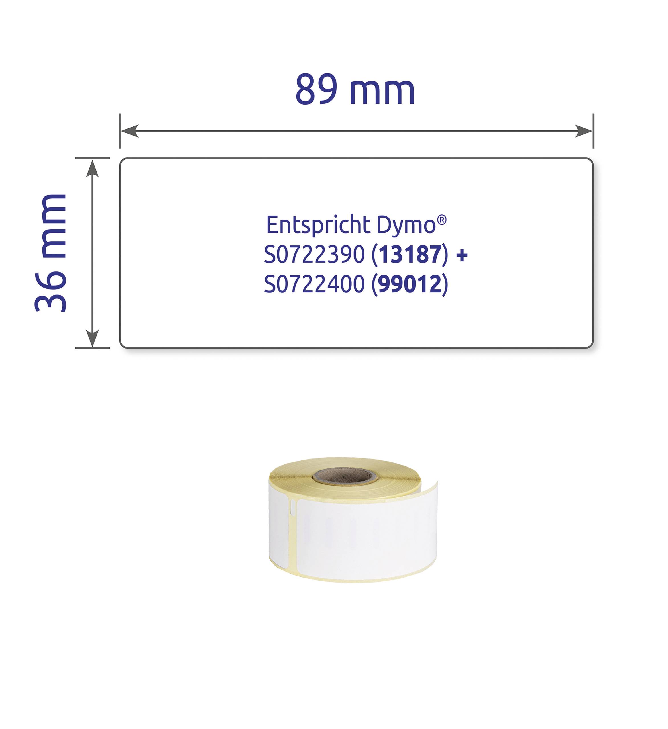 Etikett mit den Maßen 89 mm x 36 mm. Kompatibel mit Dymo-Modellen S0722390 (13187) und S0722400 (99012). Rolle unten abgebildet.