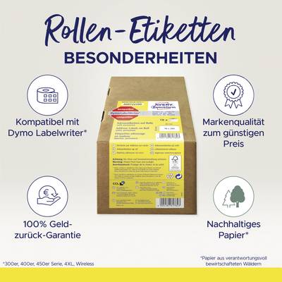 'Rollen-Etiketten Besonderheiten' zeigt eine Kiste mit Infos: kompatibel mit Dymo Labelwriter, Markensiegel, 100% Geld-zurück-Garantie, nachhaltiges Papier.