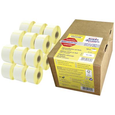 Karton mit Aufschrift 'Avery Zweckform', daneben elf weiße Etikettenrollen. Geeignet für Dymo LabelWriter, enthalten 18 Rollen.