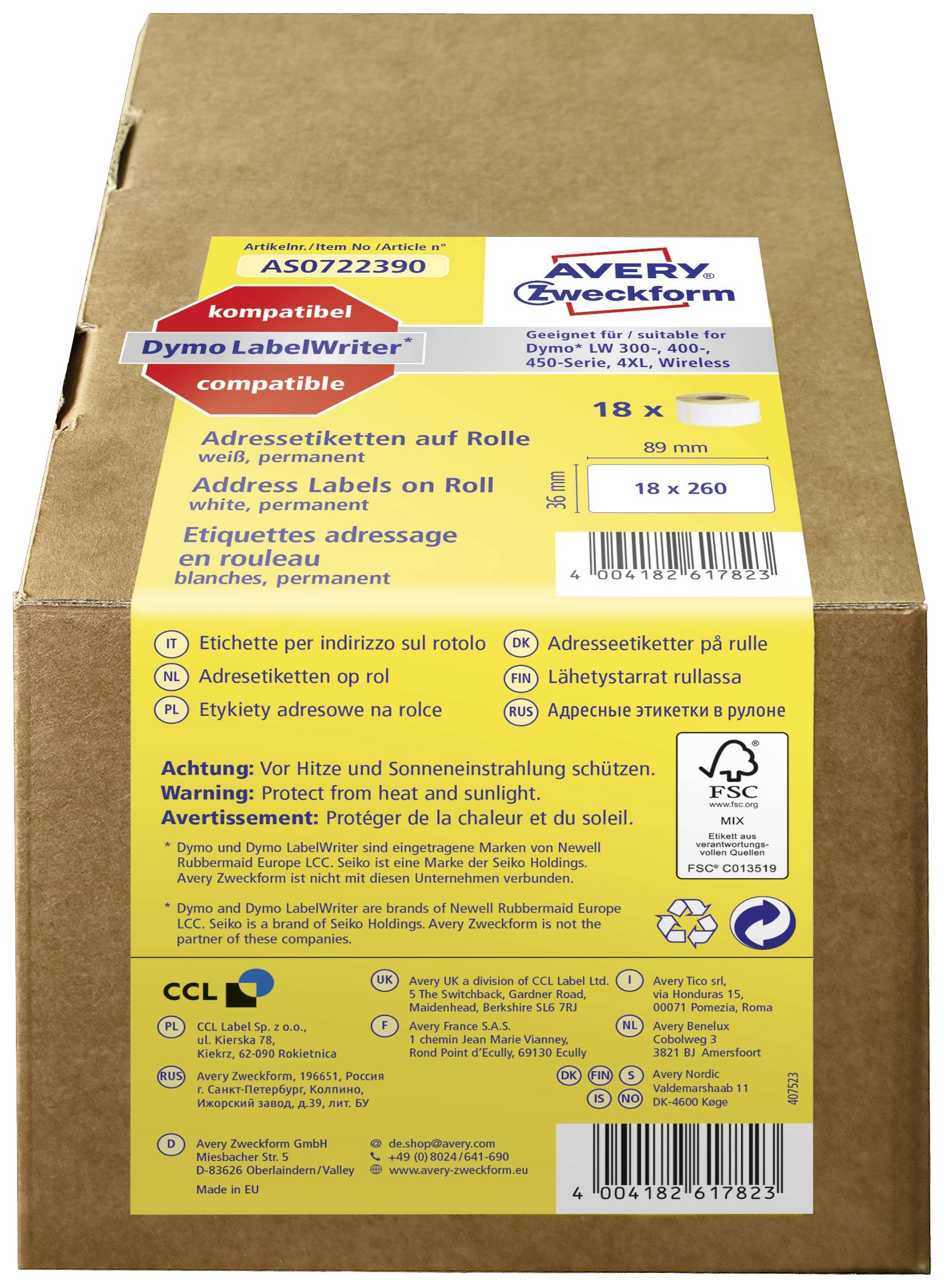 Produktverpackung für Avery Zweckform Etikettenrollen, kompatibel mit Dymo LabelWriter. Enthält 18 Rollen, 260 Etiketten pro Rolle. Wichtige Hinweise zur Lagerung sind angegeben.