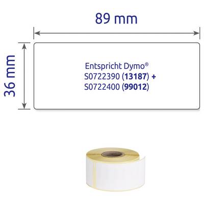 Beschriftungsrolle 89 x 36 mm, entspricht Dymo S0722390 (13187) + S0722400 (99012); unten abgebildete Rolle<br>