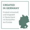 Das Bild zeigt den Text 'Created in Germany. Produkt entwickelt und hergestellt in Deutschland mit Rohstoffen aus Europa' neben einer Karte Europas.