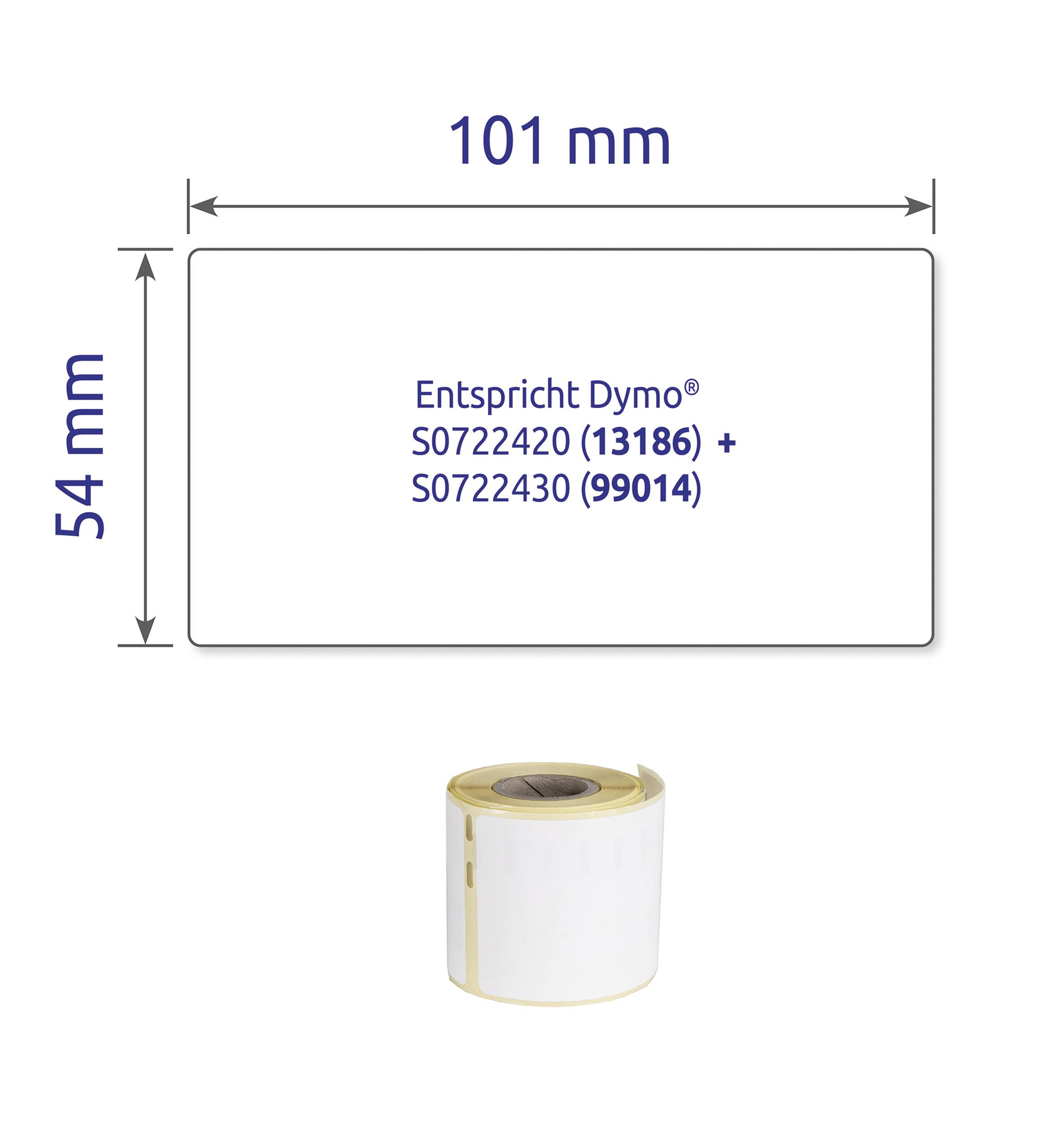 Etikett mit den Maßen 101 mm x 54 mm, Beschriftung 'Entspricht Dymo® S0722420 (13186) + S0722430 (99014)', mit Abbildung einer Etikettenrolle.