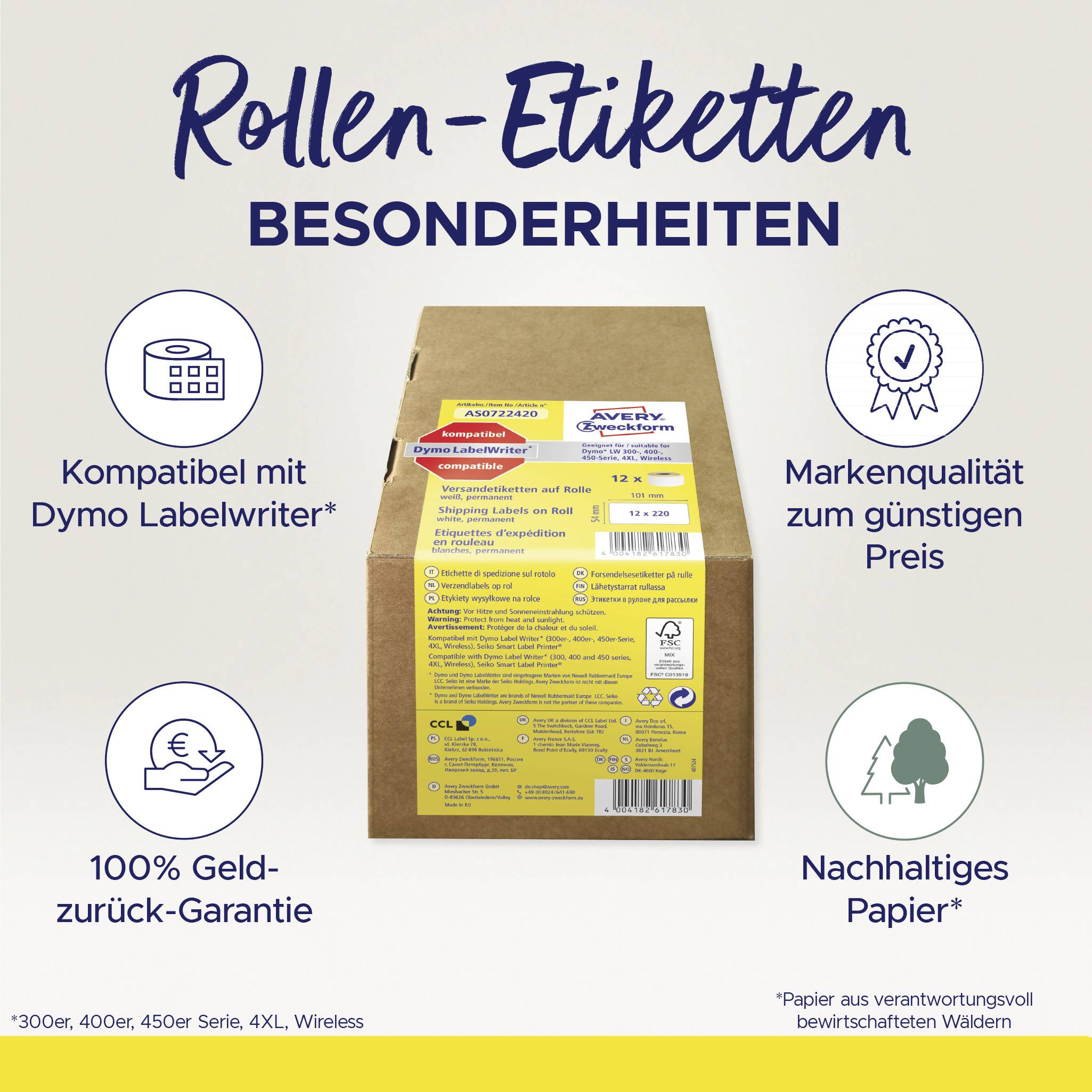'Rollen-Etiketten Besonderheiten: Kompatibel mit Dymo Labelwriter, Markenqualität, 100% Geld-zurück-Garantie, Nachhaltiges Papier.'