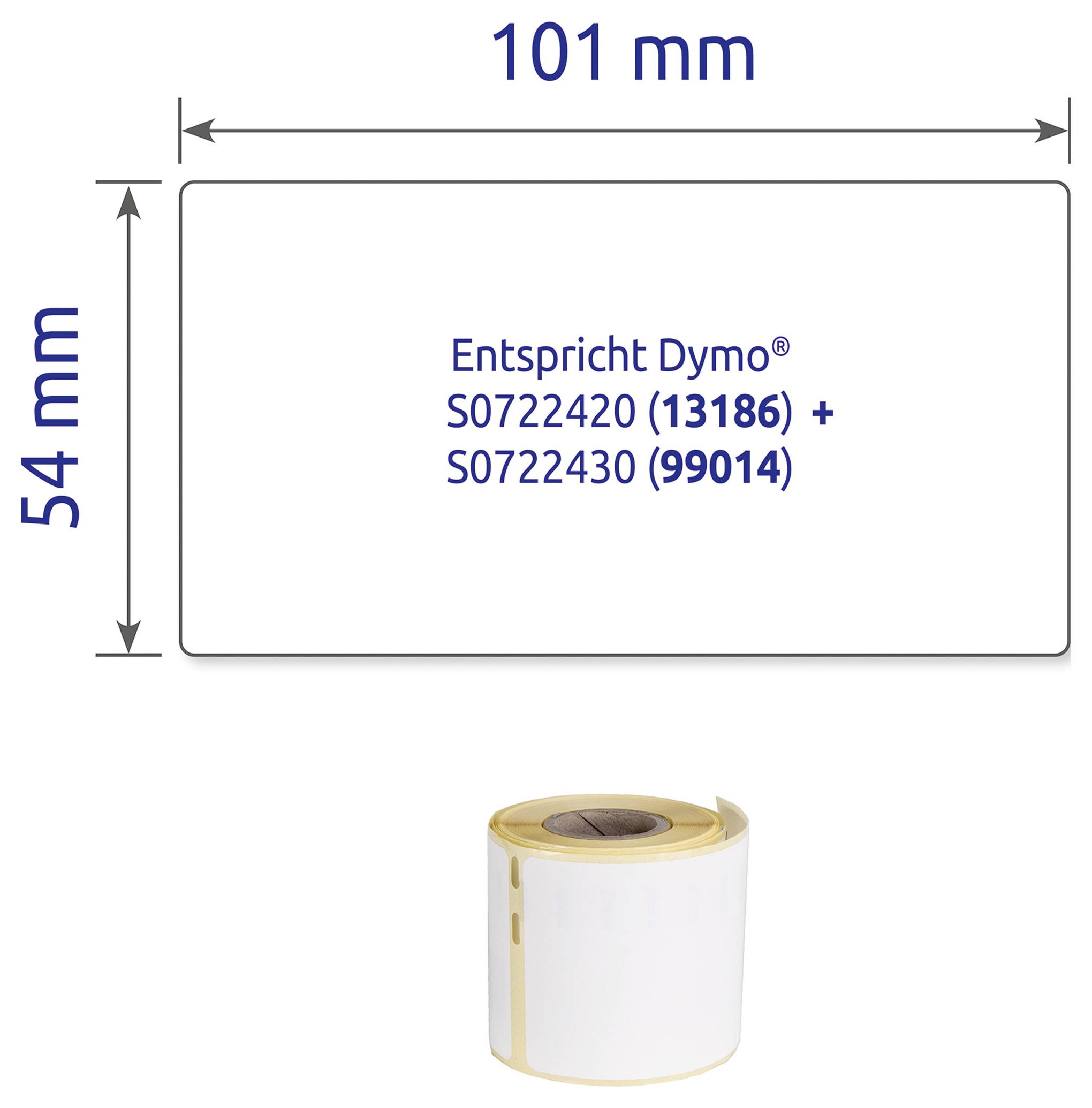 Maßzeichnung eines Etiketts: 101 mm breit und 54 mm hoch, entspricht Dymo S0722420 (13186) + S0722430 (99014); darunter eine Etikettenrolle.