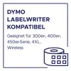 'DYMO LabelWriter kompatibel. Geeignet für 300er, 400er, 450er-Serie, 4XL, Wireless.' Text mit Symbol für Etikettenrolle.