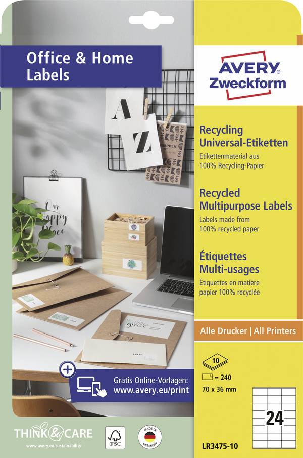 Avery-Zweckform LR3475-10 Universal-Etiketten 70 x 36 mm Recycling-Papier Weiß 240 St. Permanent haftend Farblaserdrucker, Laserdrucker