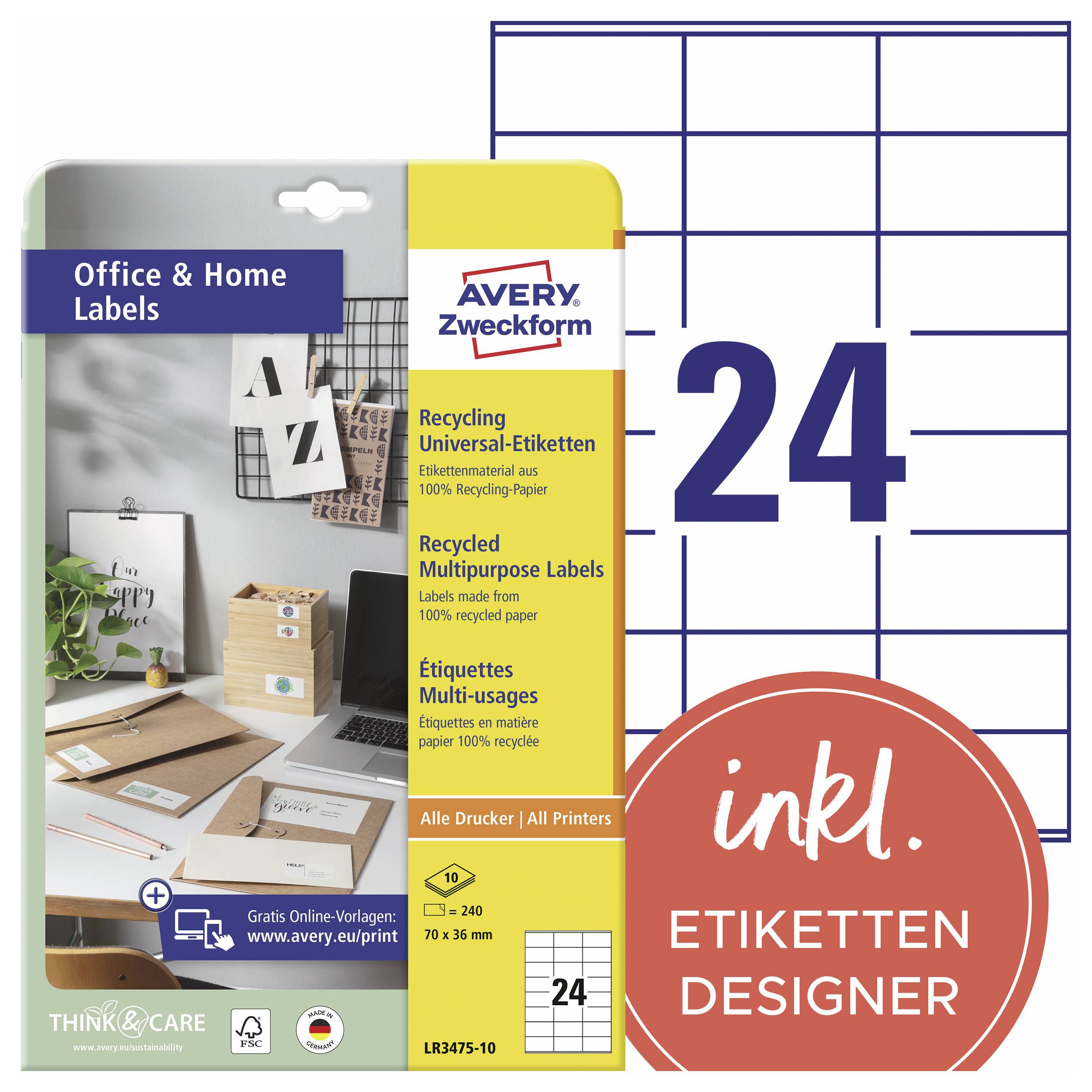 Verpackung für Avery Zweckform Recycling-Universal-Etiketten, 24 Blatt, 70 x 36 mm, mit 'inkl. Etiketten Designer' und Produktfoto eines Home-Office-Schreibtischs.