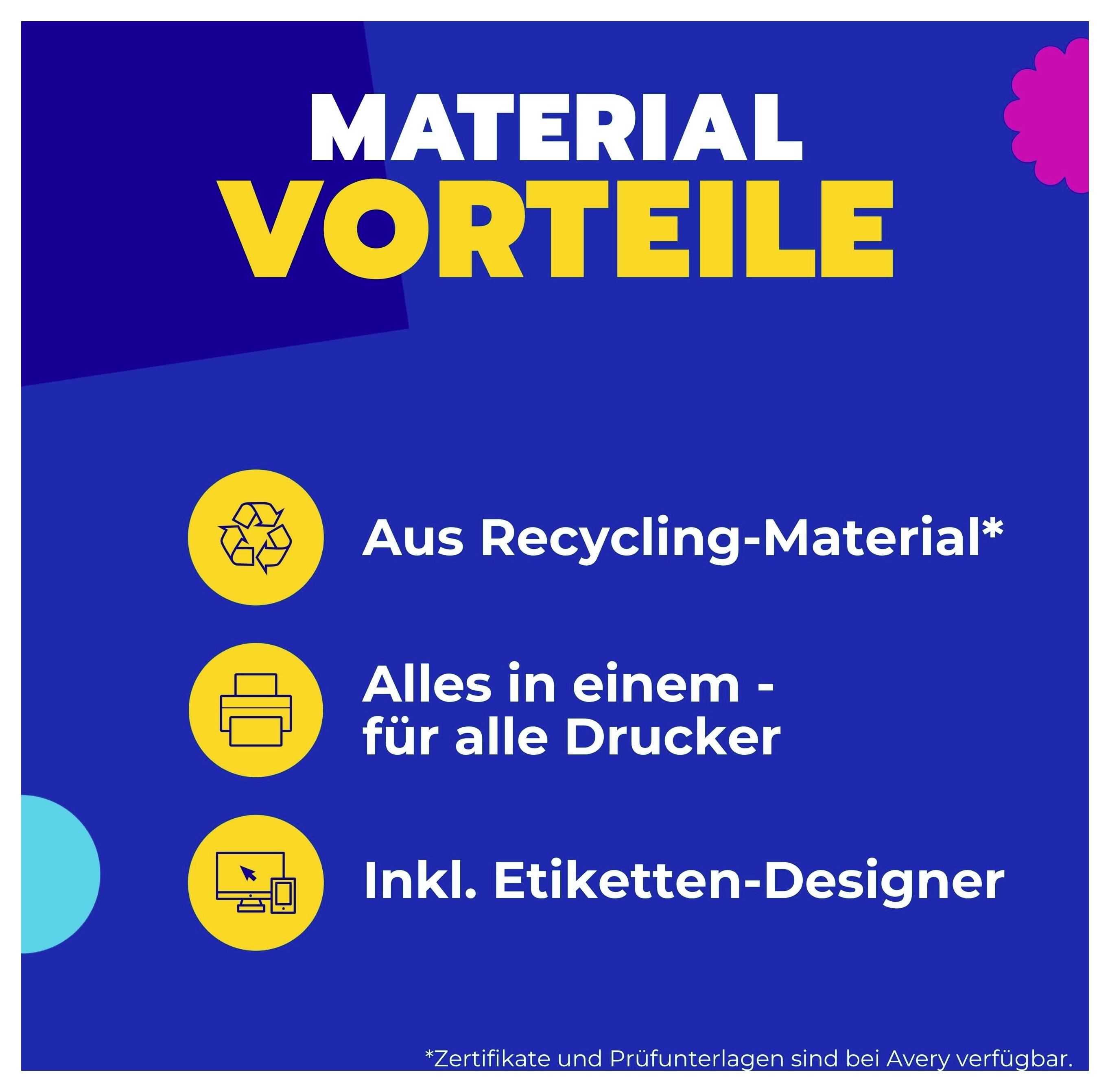 Infografik 'Material Vorteile' mit drei Punkten: aus Recycling-Material, alles in einem für alle Drucker, inklusive Etiketten-Designer.