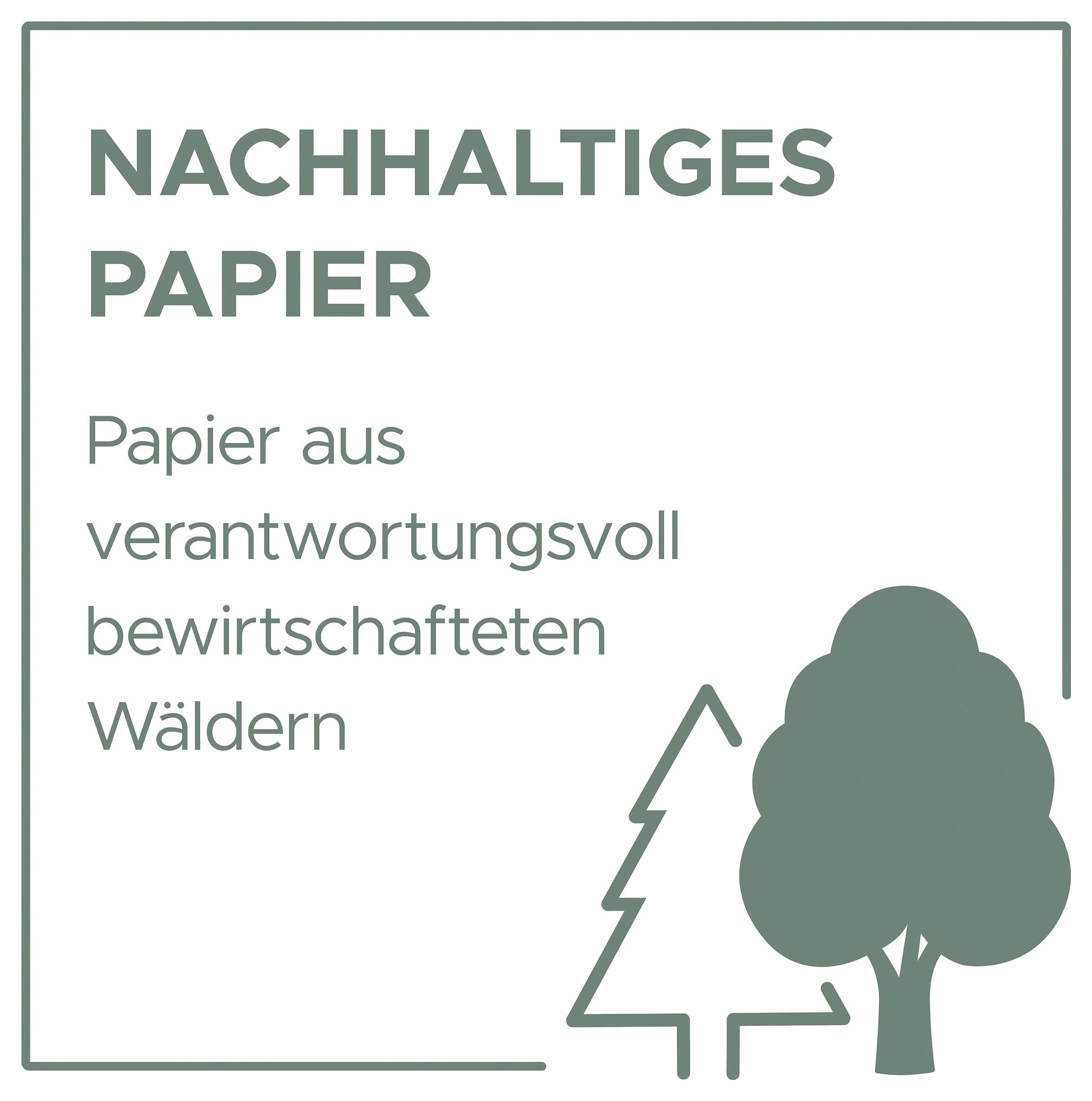 Grafik mit Text 'NACHHALTIGES PAPIER' und 'Papier aus verantwortungsvoll bewirtschafteten Wäldern', daneben Baum- und Tannensymbol.<br>