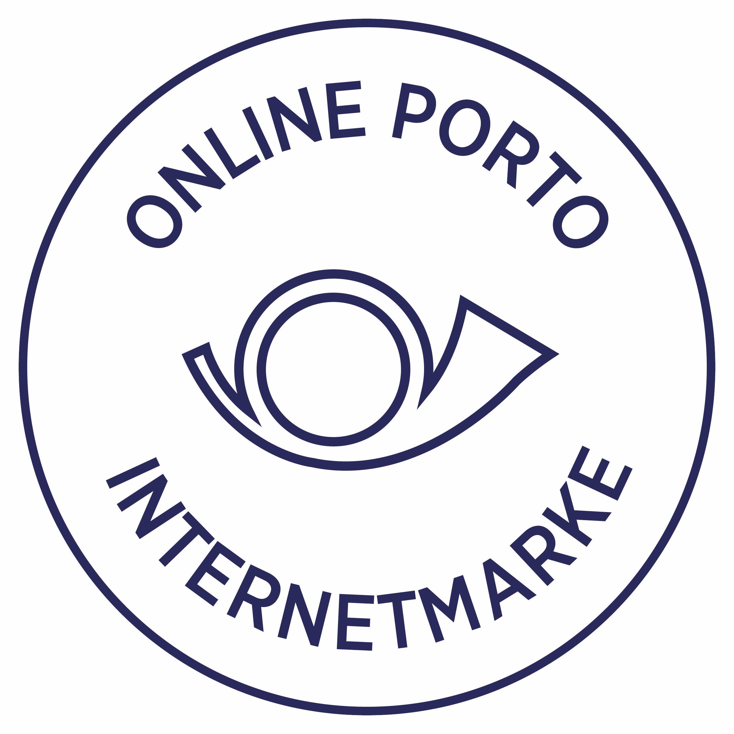Logo von 'ONLINE PORTO INTERNETMARKÉ' in einem Kreis, mit stilisiertem Porto-Symbol in der Mitte.