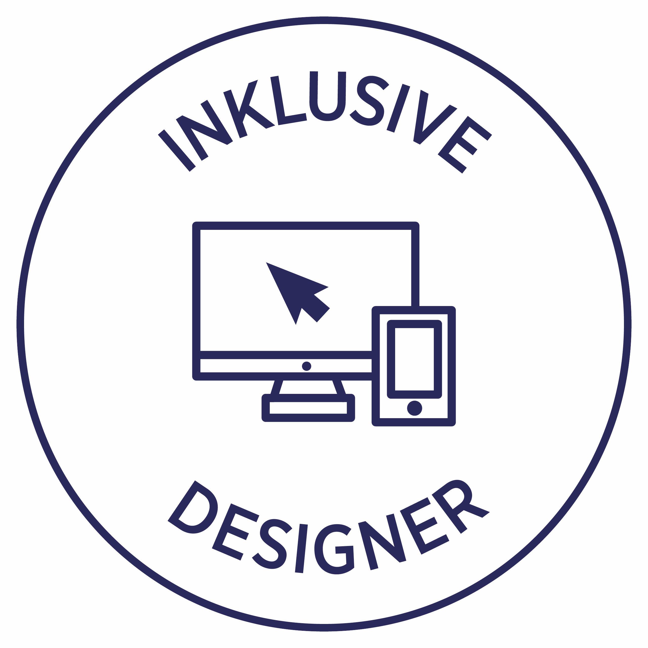 Rundes Logo mit Text 'INKLUSIVE DESIGNER' und Symbol für Desktop, Smartphone und Mauszeiger.<br>