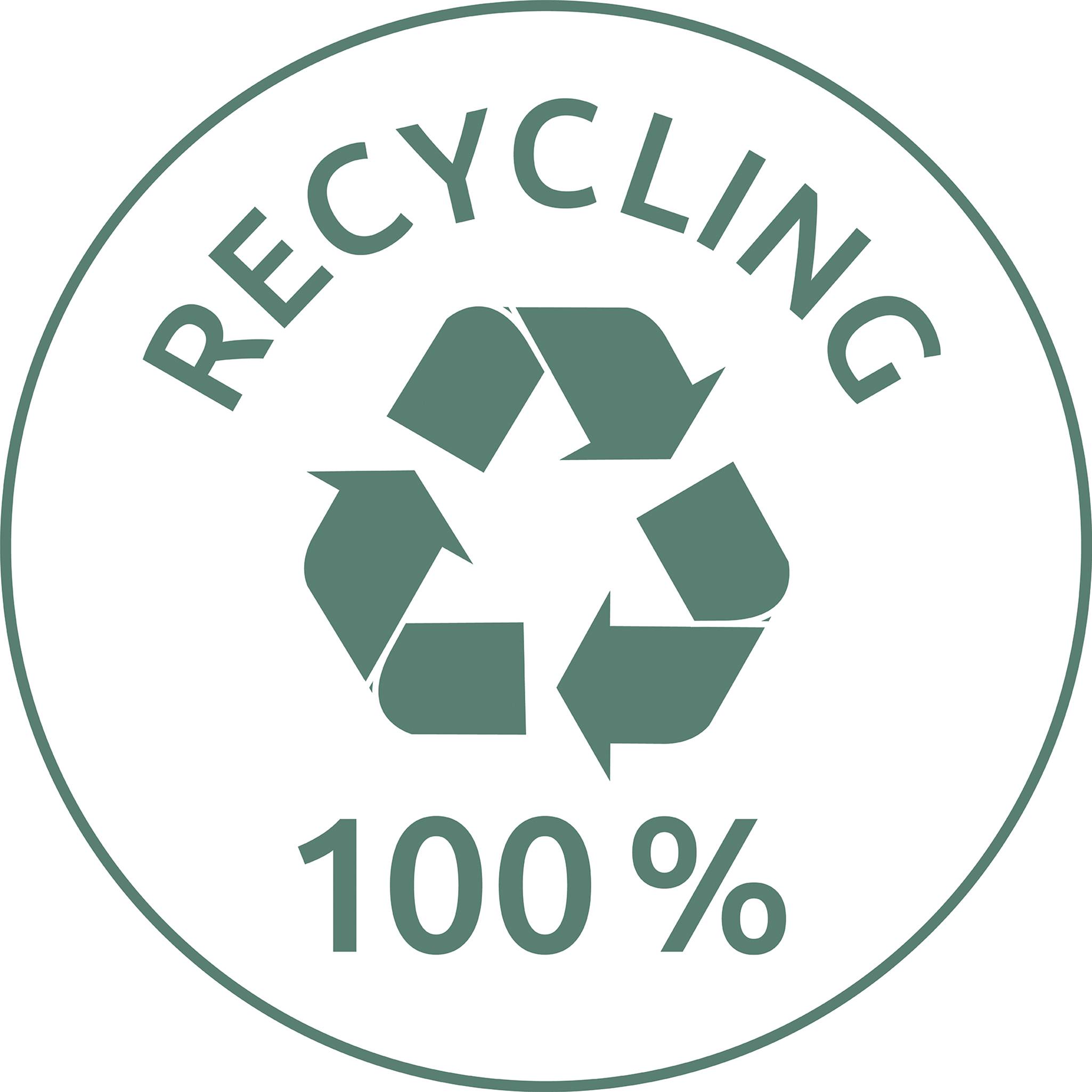 Ein grünes Symbol für Recycling mit drei Pfeilen in einem Kreis, darüber steht 'Recycling', darunter '100 %'.