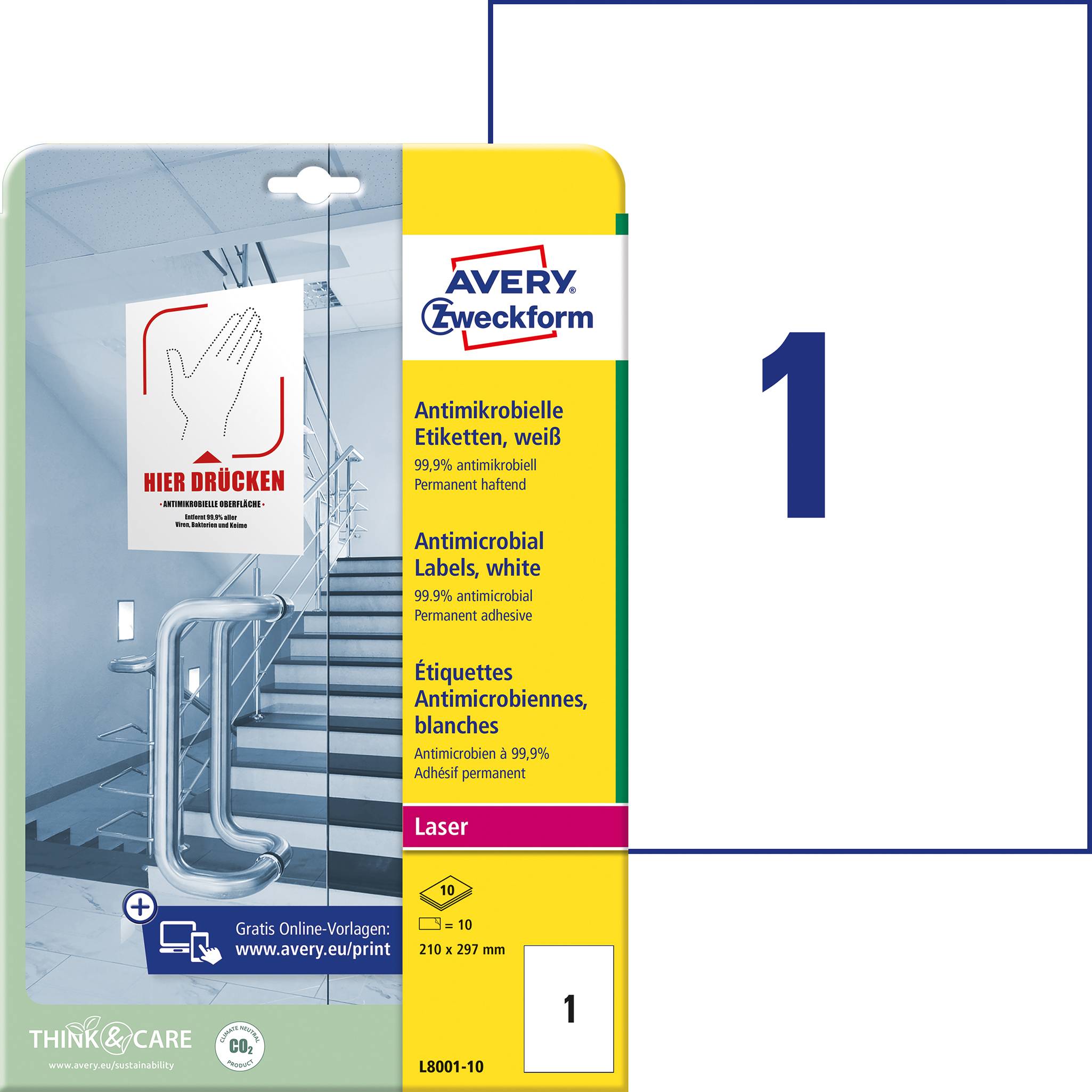 AVERY ZWECKFORM Avery-Zweckform L8001-10 Antimikrobielle Etiketten 210 x 297 mm Polyester-Folie Weiß