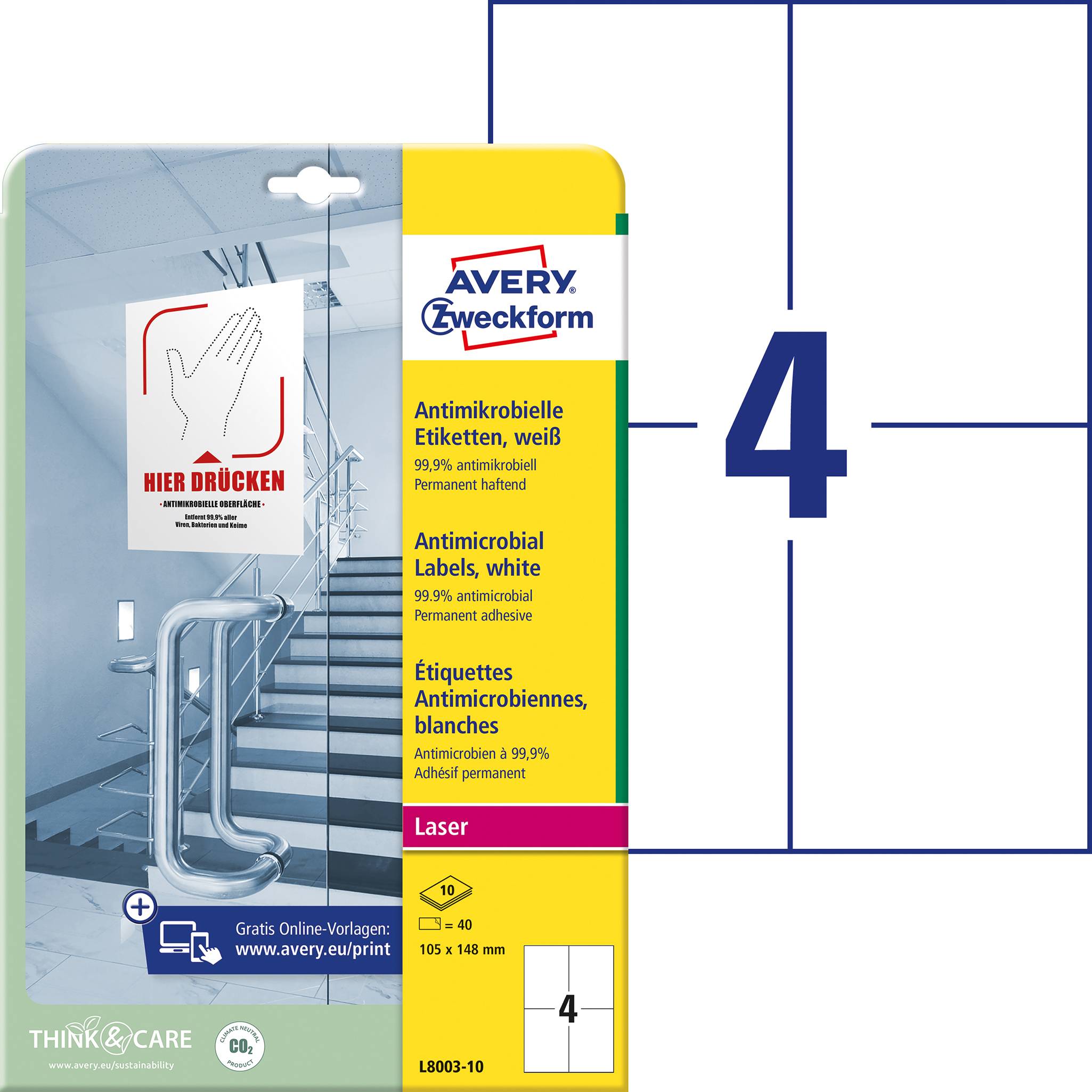 AVERY ZWECKFORM Avery-Zweckform L8003-10 Antimikrobielle Etiketten 105 x 148 mm Polyester-Folie Weiß