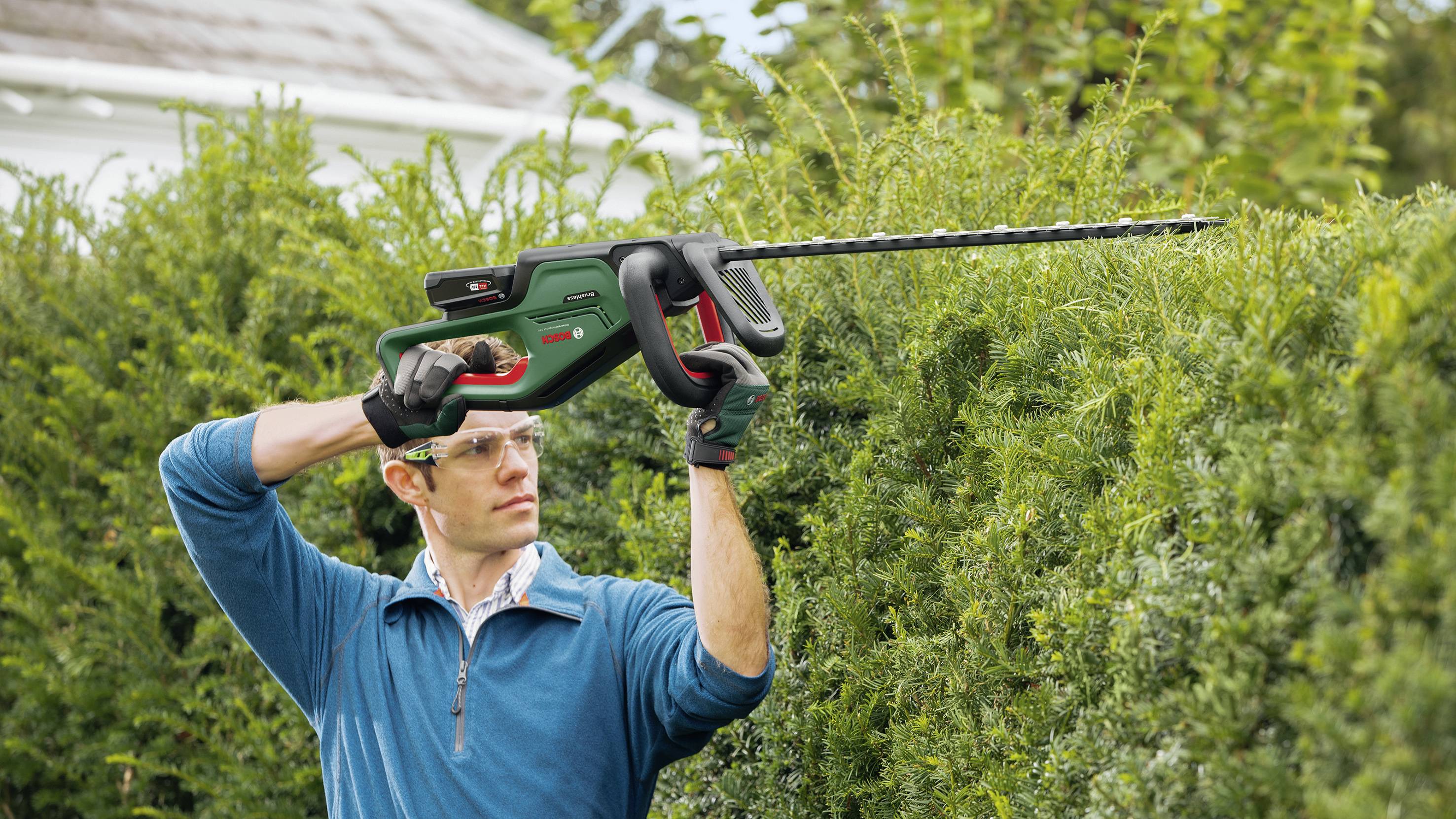Eine Person in Schutzbrille schneidet mit einer elektrischen Heckenschere eine Hecke. Sie trägt einen blauen Pullover und Handschuhe.