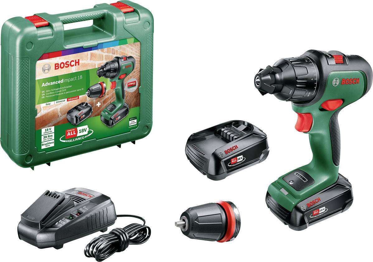 Bosch Home and Garden AdvancedImpact 18 2cestný-aku příklepová vrtačka 2 akumulátory, kufřík, vč. nabíječky