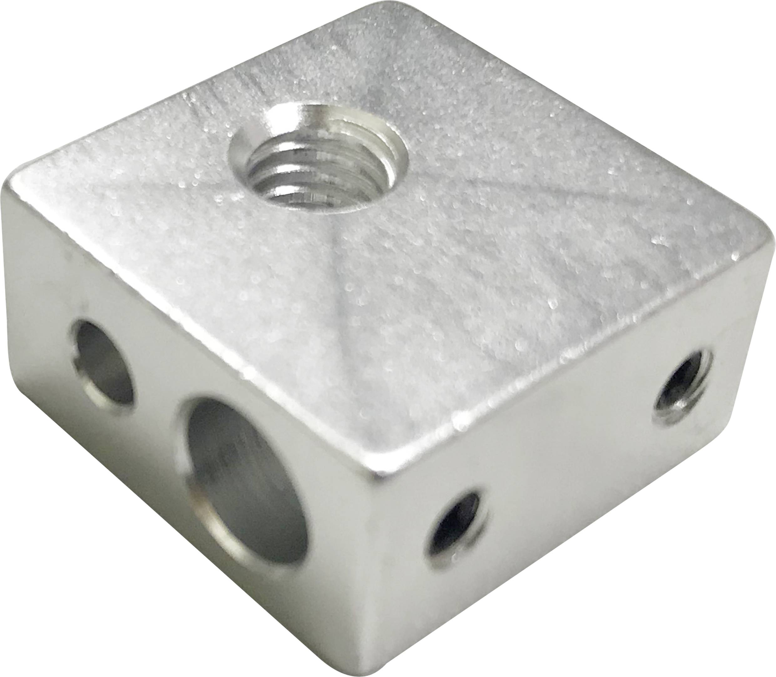 Ein metallischer, würfelförmiger Block mit mehreren Gewindeöffnungen an den Seiten und oben, geeignet für technische oder mechanische Anwendungen.