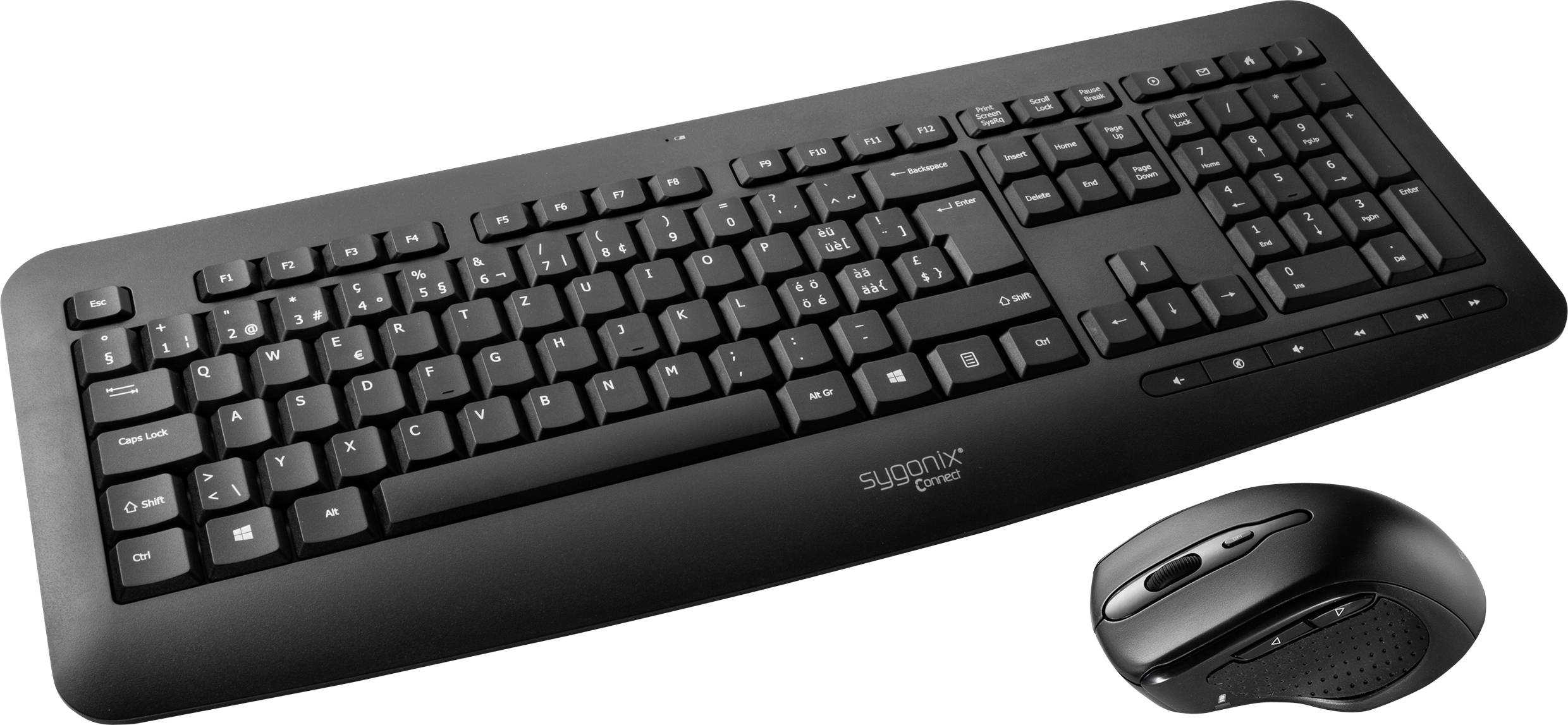 Sygonix Connect SC-KMC-301 Funk Tastatur, Maus-Set mit numerischer Tastatur Schweiz, QWERTZ Schwarz-0