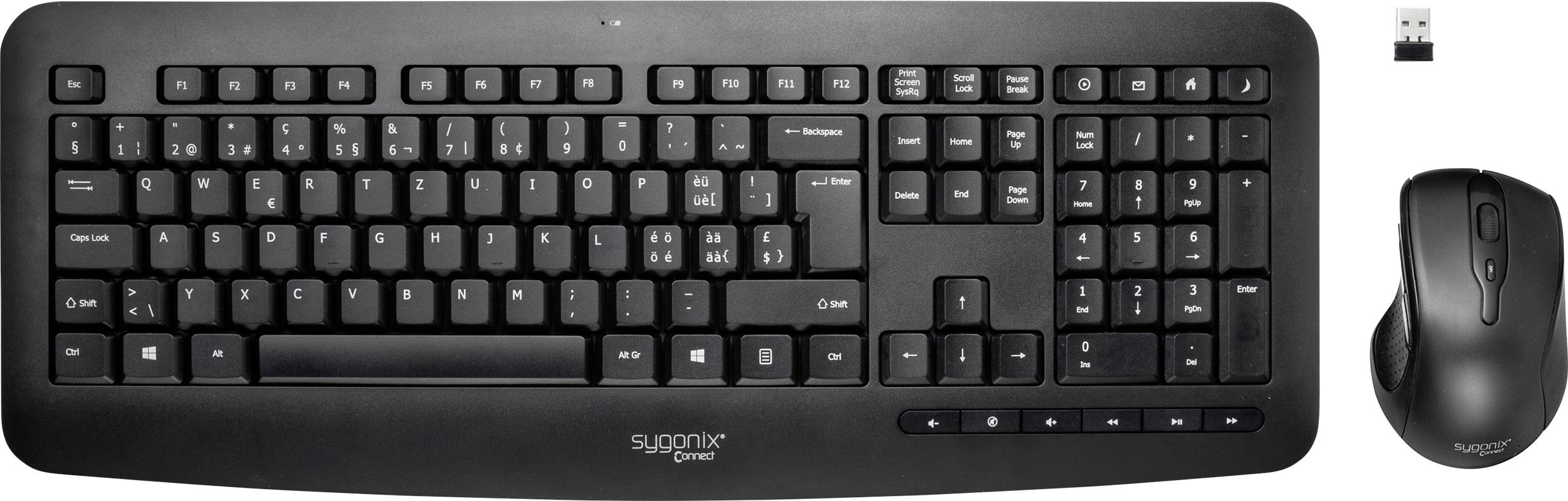 Sygonix Connect SC-KMC-301 Funk Tastatur, Maus-Set mit numerischer Tastatur Schweiz, QWERTZ Schwarz-1