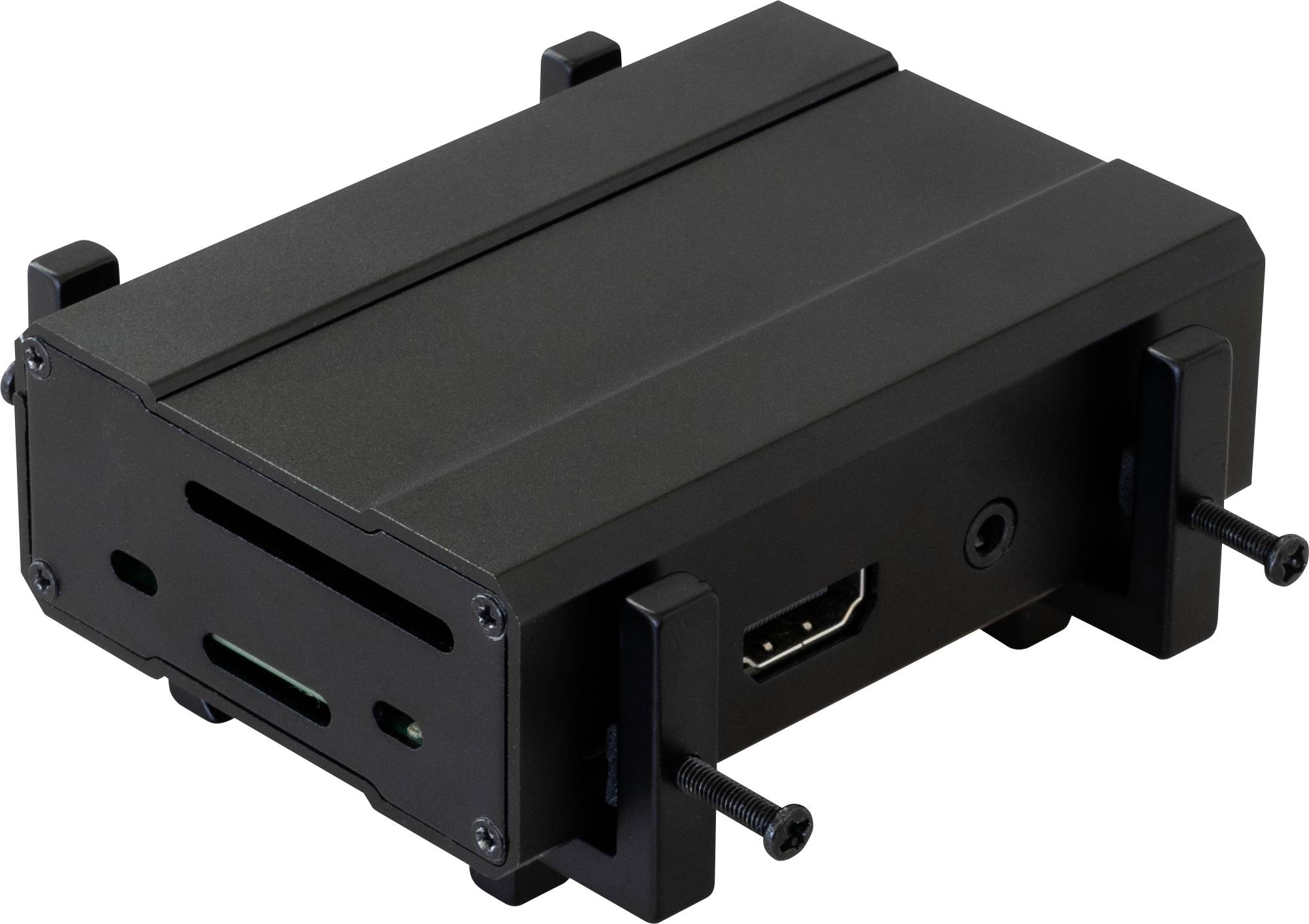 Schwarzes Gehäuse für elektronische Geräte mit mehreren Anschlüssen, darunter ein HDMI-Anschluss, frontal sichtbar.