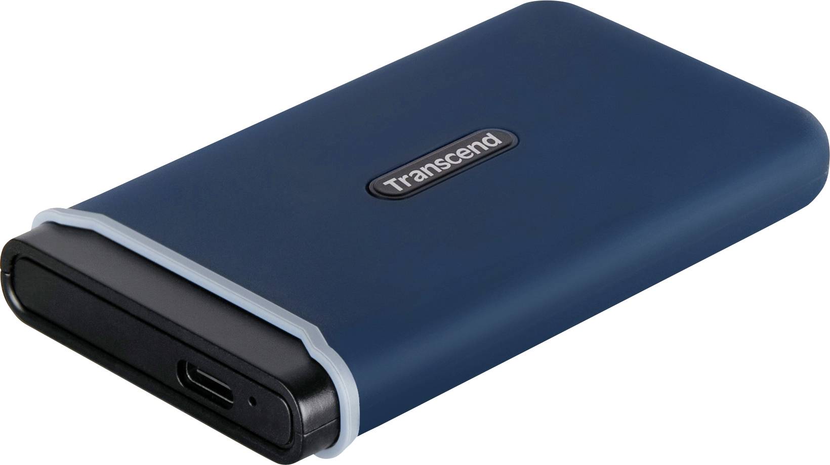 Eine dunkelblaue externe SSD von Transcend mit USB-C-Anschluss und Schutzband.
