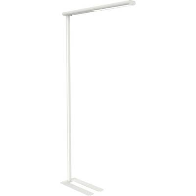 Weiße, schlanke Stehlampe mit rechteckigem Fuß und langem, horizontalem Leuchtkörper. Minimalistisches Design, modern und schlicht.