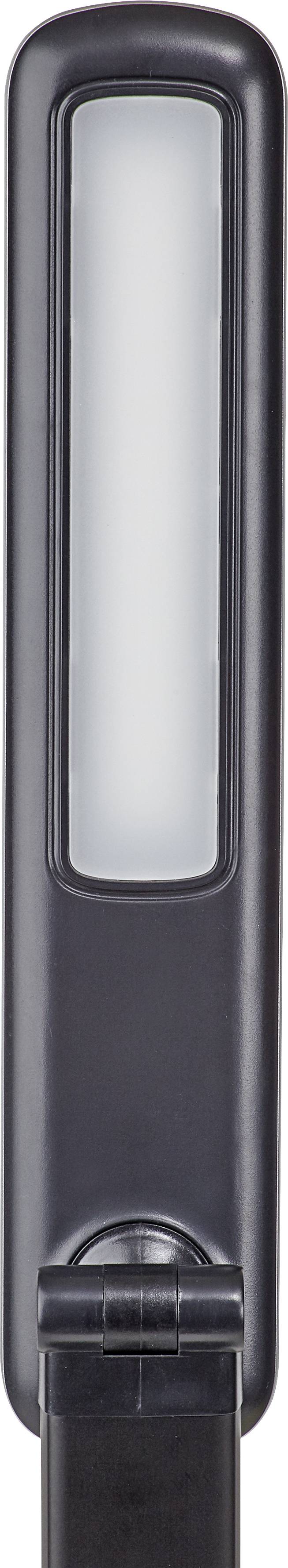 Dünne, rechteckige schwarze Tischlampe mit einem weißen LED-Lichtstreifen in der Mitte. Modernes Design, geeignet für Bürotische.