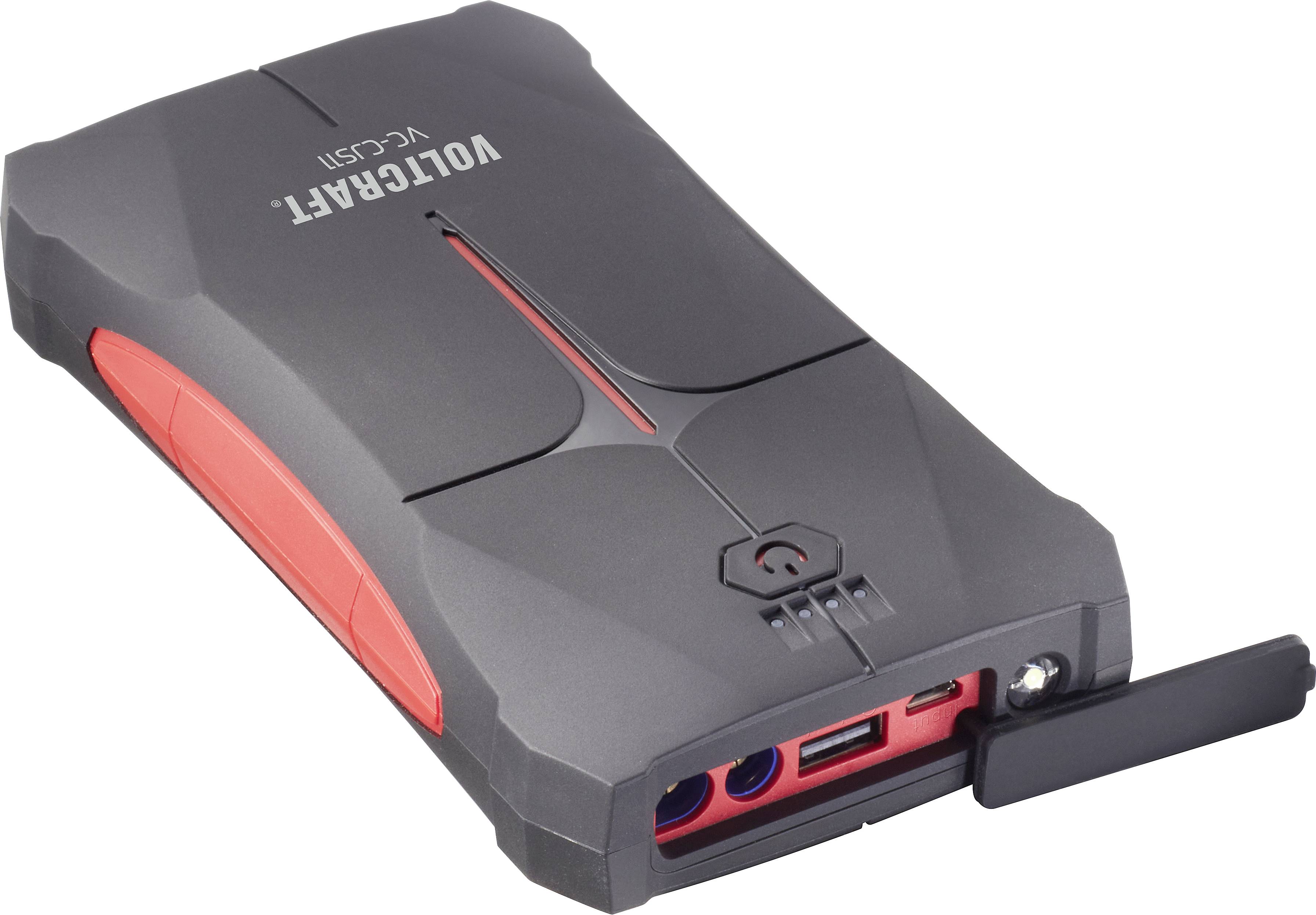 Ein tragbares Starthilfegerät mit robustem Gehäuse. Verfügt über USB-Anschlüsse und eine eingebaute Taschenlampe. Ideal für Autos.