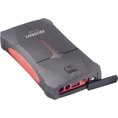 Ein tragbares Starthilfegerät mit robustem Gehäuse. Verfügt über USB-Anschlüsse und eine eingebaute Taschenlampe. Ideal für Autos.