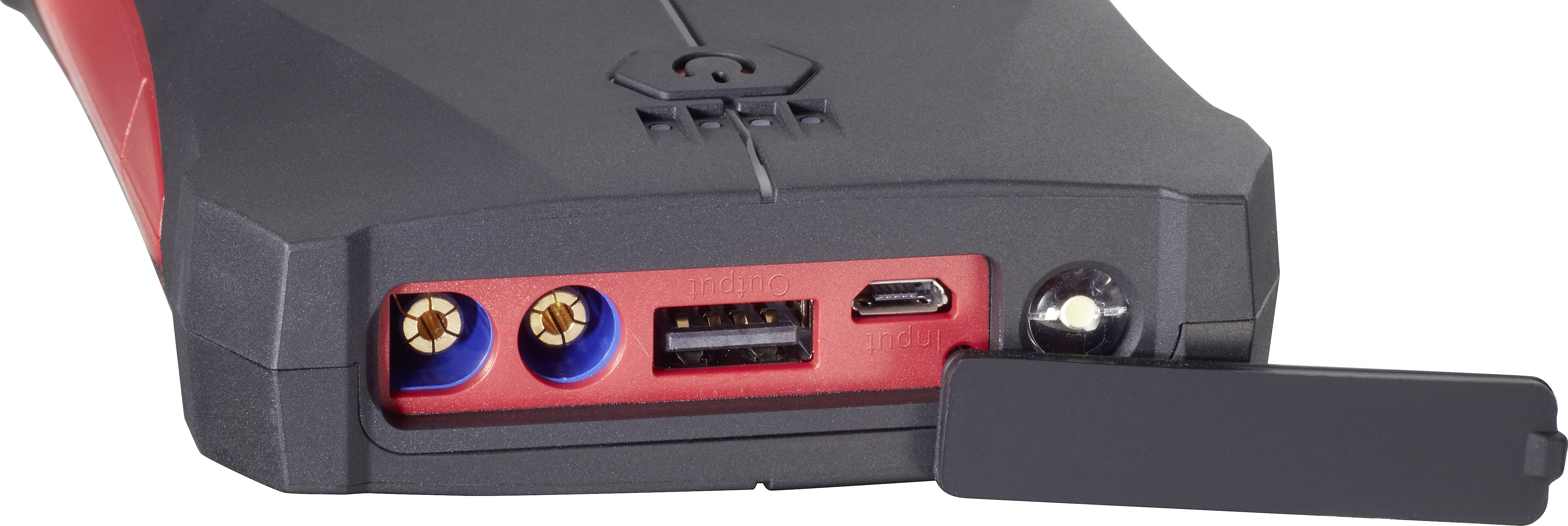 Ein rotes Gerät mit Anschlüssen: zwei kreisförmige blaue, ein rechteckiger USB-Anschluss und ein Micro-USB, darunter eine schwarze Abdeckung.