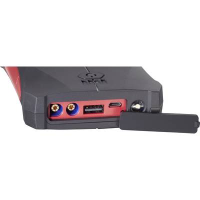 Ein rotes Gerät mit Anschlüssen: zwei kreisförmige blaue, ein rechteckiger USB-Anschluss und ein Micro-USB, darunter eine schwarze Abdeckung.