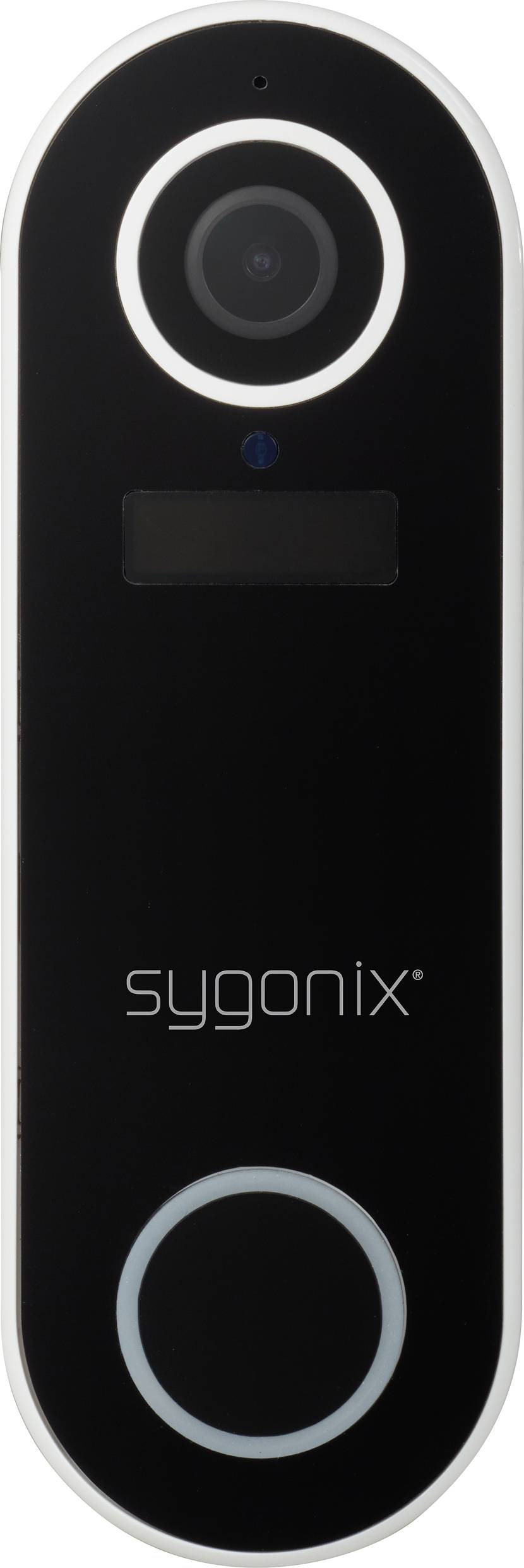Schwarze Video-Türklingel von Sygonix mit Kamera oben, LED-Anzeige und beleuchtetem Knopf unten.