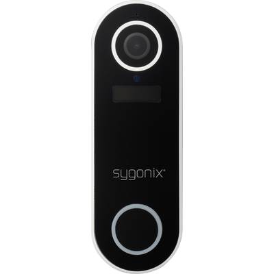 Schwarze Video-Türklingel von Sygonix mit Kamera oben, LED-Anzeige und beleuchtetem Knopf unten.