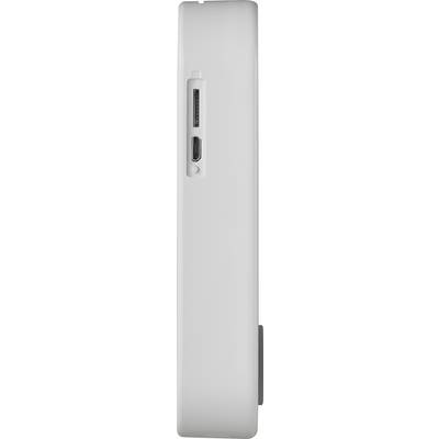 Eine weiße, rechteckige tragbare Festplatte mit USB- und SD-Kartenanschlüssen auf der Seite.