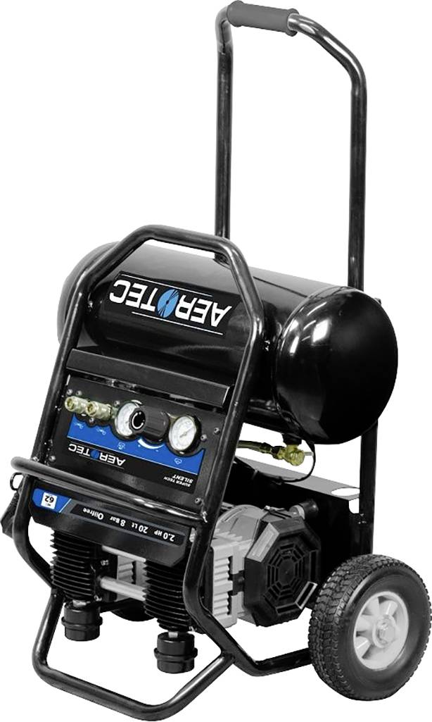 Schwarzer Kompressor mit zwei Rädern und Griff, Marke 'Aerotec'. Vorderseite zeigt Manometer und Anschlüsse.