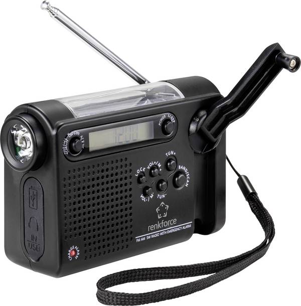 Renkforce RF-CR-200 Kofferradio UKW, MW, KW Notfallradio  wiederaufladbar, Solarpanel, Handkurbel, Weckfunktion, Taschenlampe Schwarz