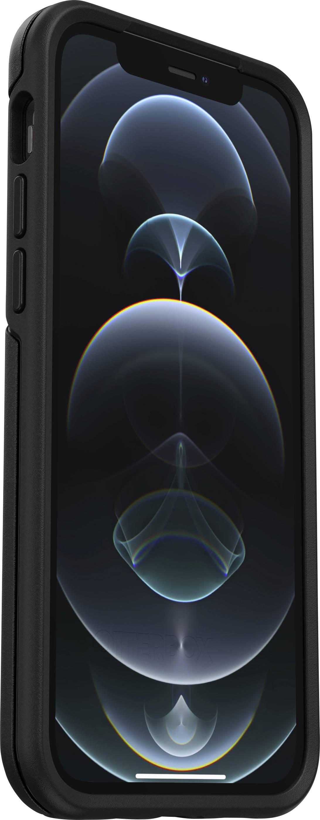 Ein Smartphone mit schwarzem Gehäuse wird schräg von der Seite gezeigt, der Bildschirm zeigt ein abstraktes, blaues Muster.