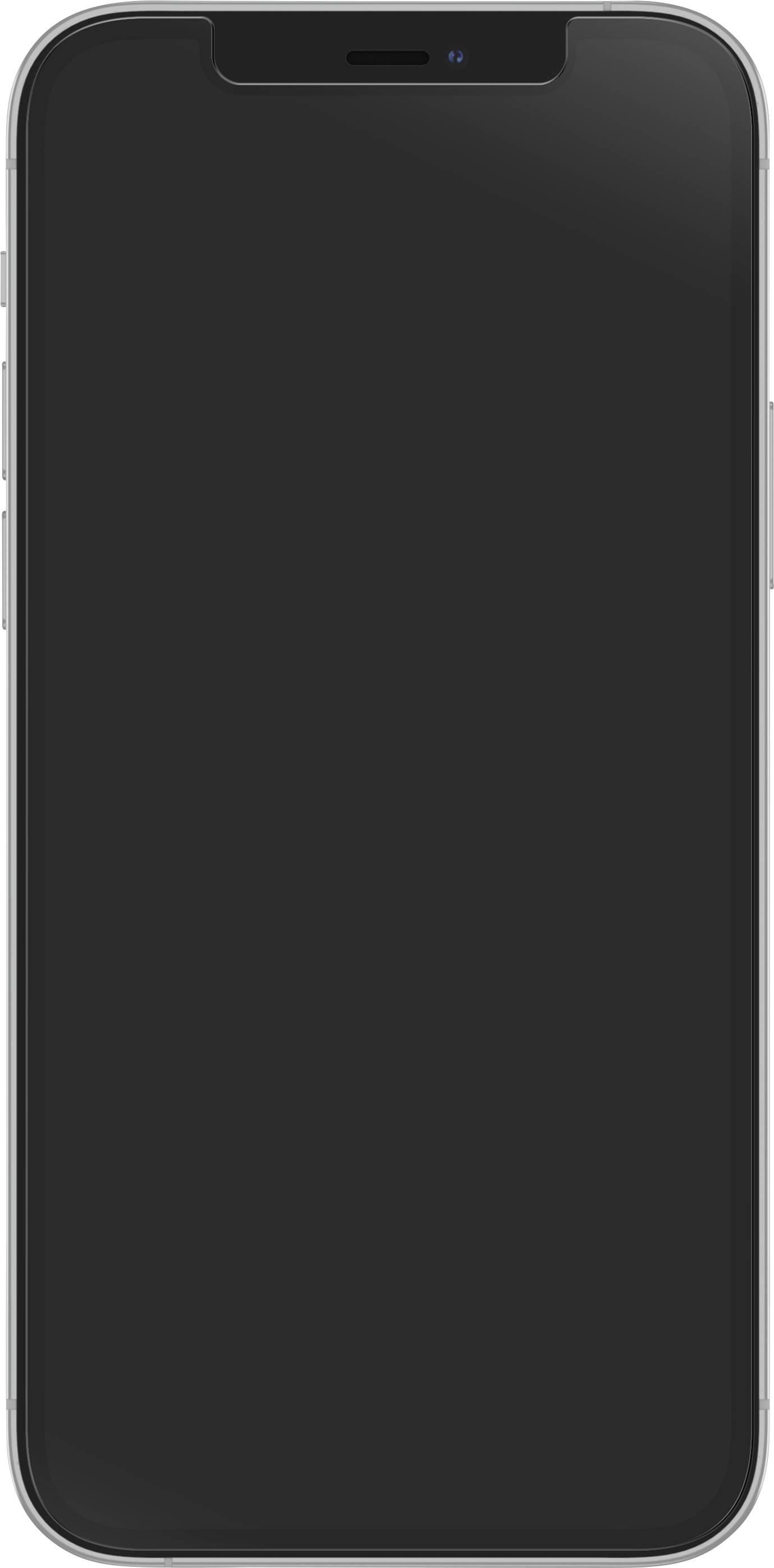 Smartphone mit schwarzem Bildschirm und leichter Spiegelung auf der Vorderseite. Keine sichtbaren Icons oder Text.