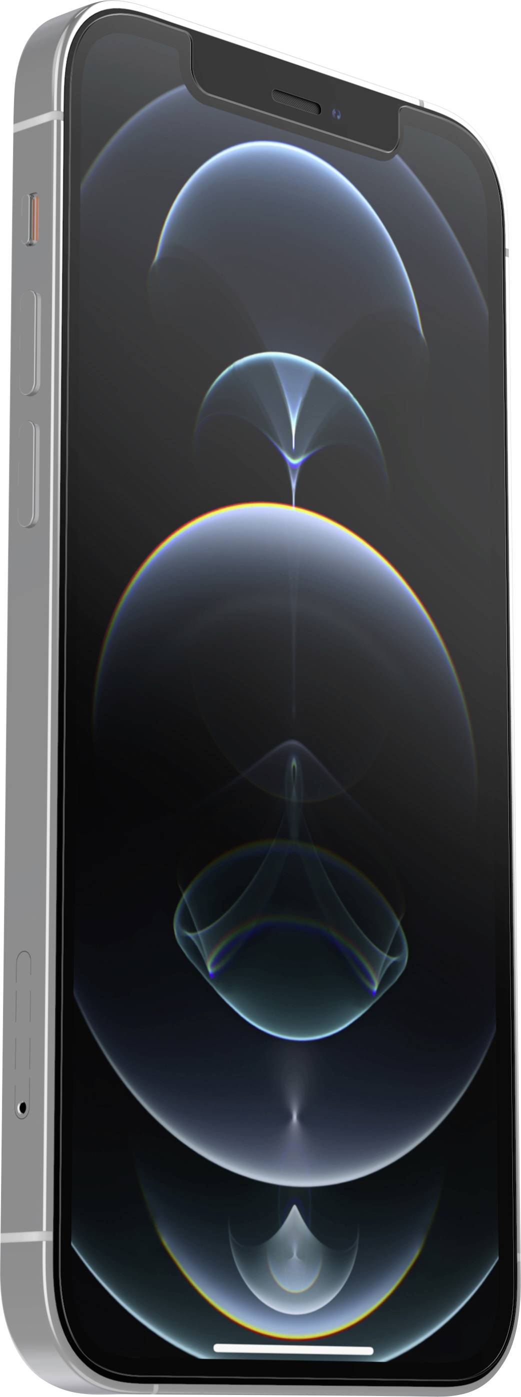 Smartphone mit abgerundeten Ecken und einem Display, das Lichtkreise zeigt. Das Gerät hat eine silberne Seitenleiste.