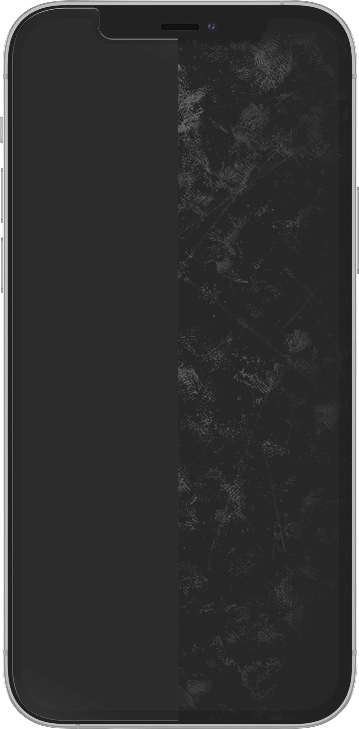 Das Bild zeigt die Vorderseite eines Smartphones mit einem schwarzen Bildschirm. Es ist im Hochformat zu sehen.